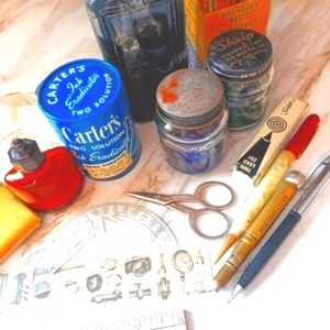 Vintage office art items lot Inks, rulers, scissors  + Great decor items school